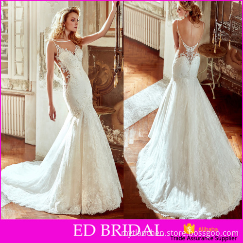 High Quality See Through Back Lace Train Backless Mermaid Designer Wedding Dresses